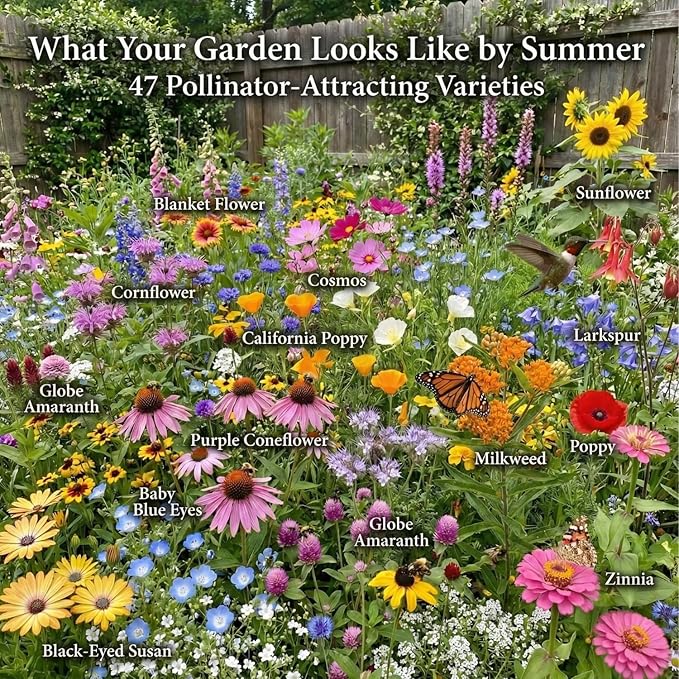 Seedboy Wildflowers for Pollinators Seed Mix – 2 oz Bulk Wildflower Seeds - 40,000+ Non-GMO Seeds for Bees Butterflies Hummingbirds – 47 Varieties of Annual & Perennial Wild Flowers for Planting (2oz)