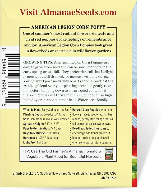 The Old Farmer's Almanac Poppy Seeds (American Legion) - Approx 5000 Flower Seeds - Premium Non-GMO, Open Pollinated, USA Origin