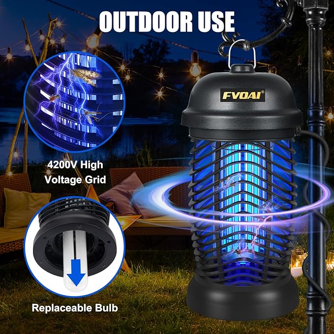 Bug Zapper Outdoor, Mosquito Zapper, Fly Zapper, Insect Zapper Electric Fly Traps for 1/2 Acre, Indoor Outdoor Use with 3 Prong Plug-in,4200V, ABS Plastic Outer, Black