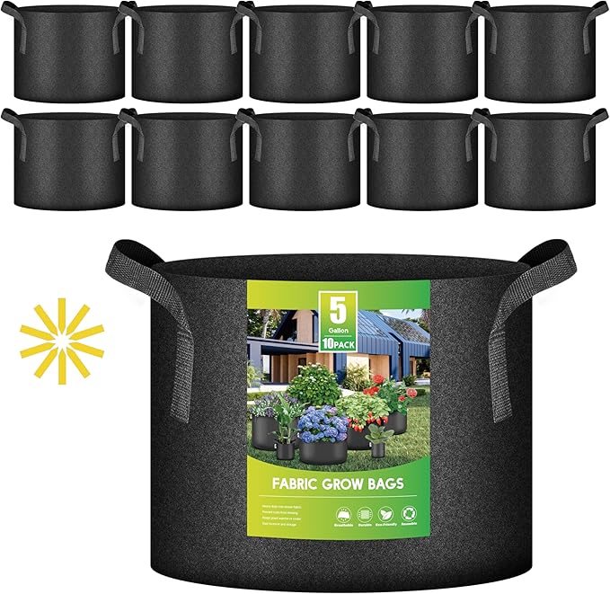 iPower 5-Gallon 10-Pack Plant Grow Bags Nonwoven Fabric Pots Aeration Container with Strap Handles for Garden and Planting, 5 Gallon, Black