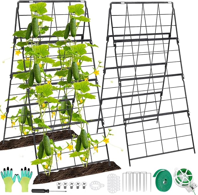 2 Packs Cucumber Trellis for Raised Bed 42 x 16 A Frame Metal Adjustable Garden Trellis for Climbing Plants Outdoor, Foldable Coated Steel Easy Install Cucumber Trellis for Vegetable Fruit Flower