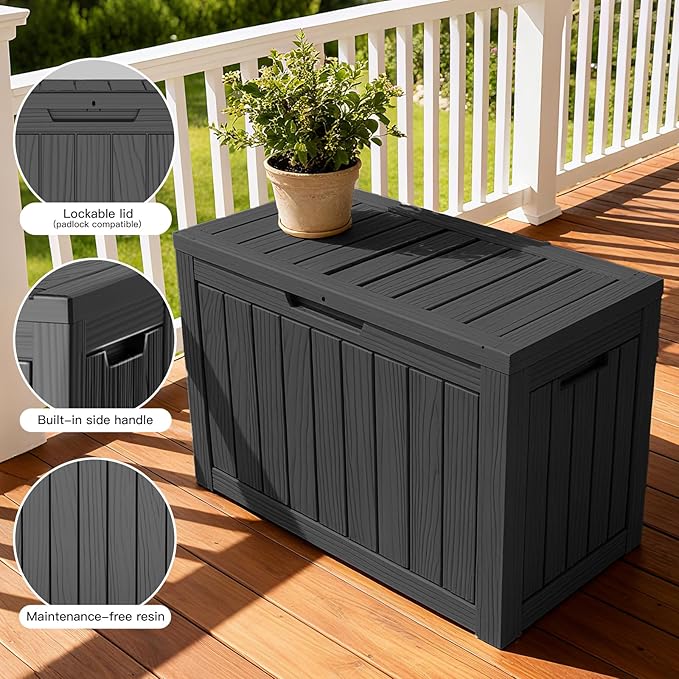 45 Gallon Deck Box, Small Outdoor Storage Box Waterproof, Outside Resin Storage Bin for Outdoor Patio Furniture Pillow, Pool Supply, Garden Tool, UV-Resistant and Weatherproof, Black