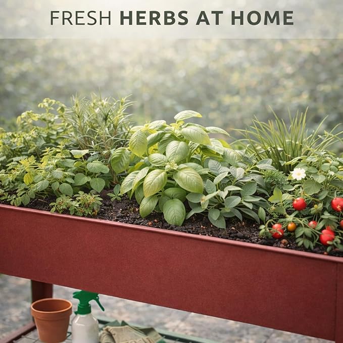InSideOut Elevated 40" Raised Garden Bed Outdoor with Wheels & Shelf for Mobility, Metal Planter Box for Vegetables/Herbs, Patio-Balcony-Backyard (Red)