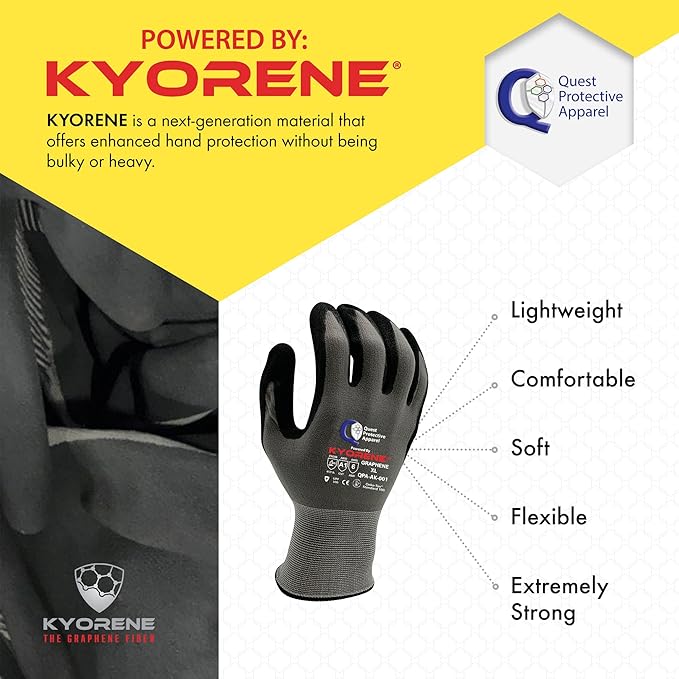 Quest Protective Apparel Cut Resistant Work Gloves (ANSI A1) – Lightweight Graphene Gloves for Gardening,DIY,Mechanical & General Handling – Breathable Grip Gloves for Men & Women – X-Large, Pack of 3