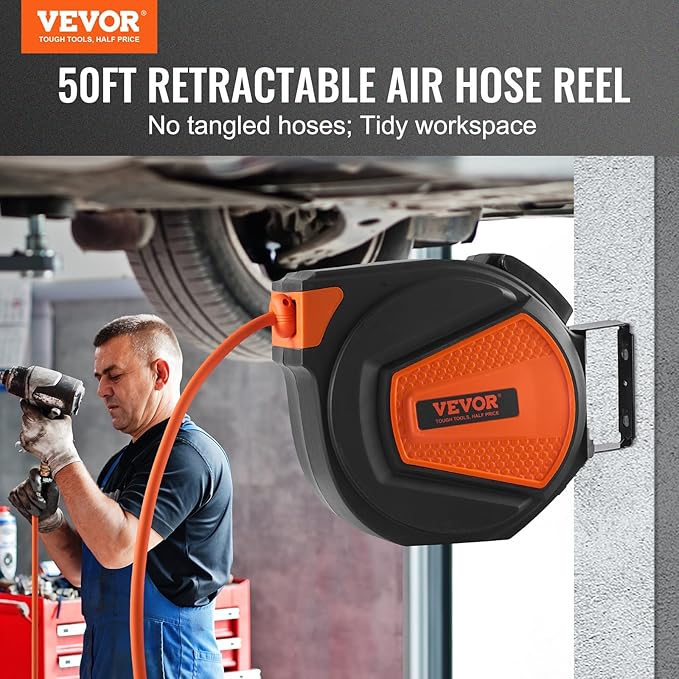 VEVOR Retractable Air Hose Reel, 3/8IN x 50FT Hybrid Air Hose Max 300PSI, Air Compressor Hose Reel with 5 ft Lead in, Ceiling/Wall Mount Enclosed Air Reel, 180° Swivel Mount