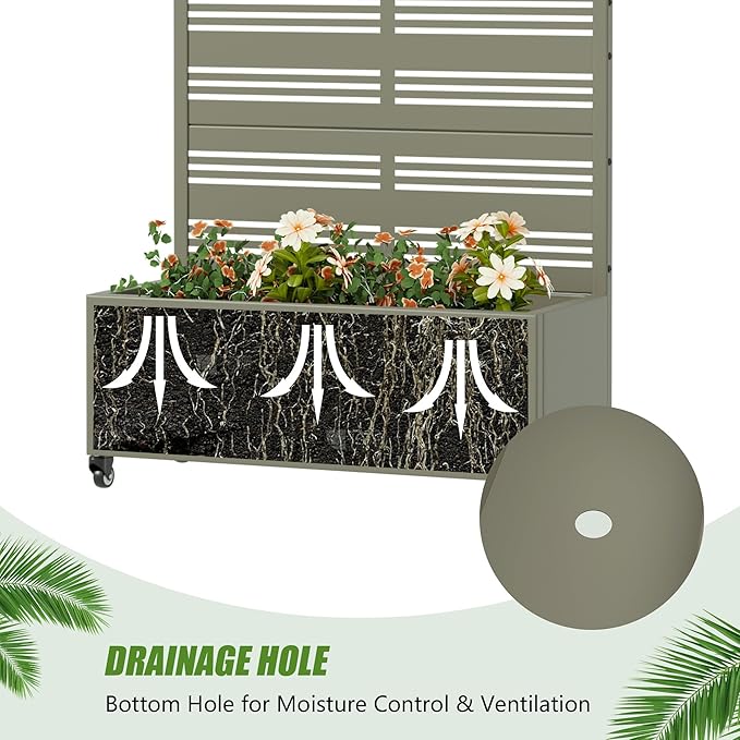 Casaphoria Metal Raised Garden Bed with Trellis and Wheels, 72"x35"x16" Planter Box for Climbing Plants, Vegetables & Vines, Features Drainage Holes and Privacy Screen, Grey-Harold