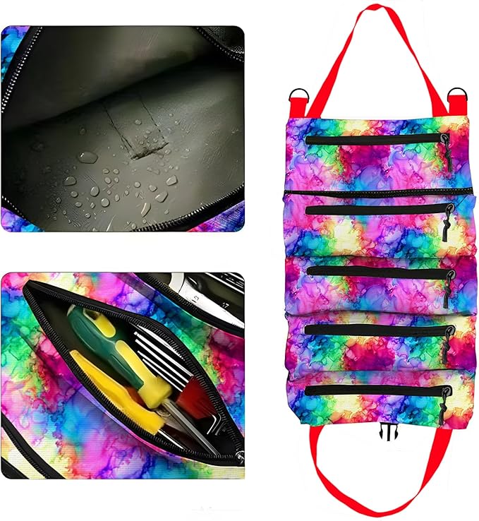 Roll-Up Tool Storage Bag, Nylon Gardening Organizer with 5 Pockets, 11x18 Inch, Portable Hanging Design for Outdoor Maintenance, School, Work (54rse)