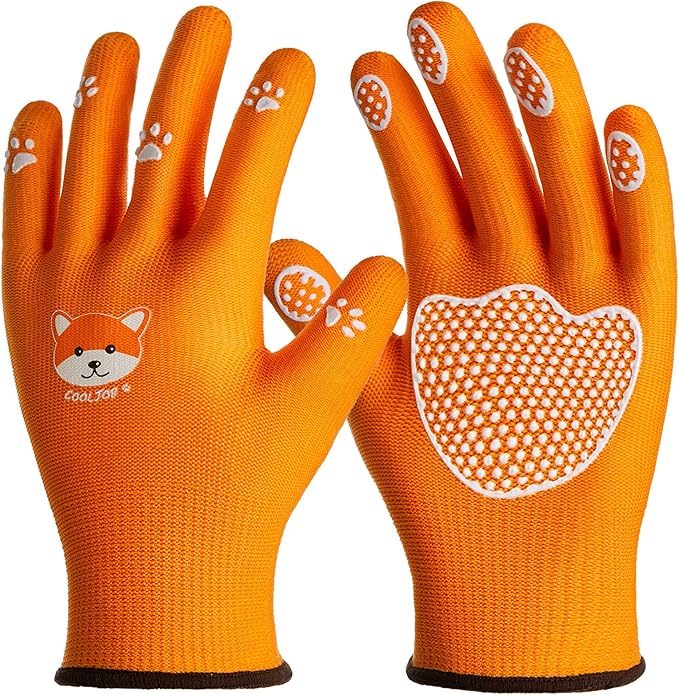 COOLJOB Small Toddler Gardening Gloves for Little Boys Girls Ages 2-4, Breathable Kids Work Gloves with Grippy Animal Paw Dots for Children Yard Landscape, Orange Dog, 1 Pair