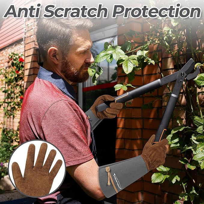 HLDD HANDLANDY Long Gardening Gloves for Women Men - Leather Rose Pruning Gloves Thorn Proof - Breathable Working Glove