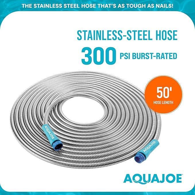 Aqua Joe AJSGH50 Stainless-Steel Garden Hose, Kink-Free Hose, 300 PSI Max, 50 Feet Long