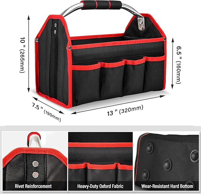 HAUTMEC 13 Inch Tool Bag, Foldable Open Top Tool Bag with Stiff Frame, Heavy-Duty Tool Tote with Padded Handle, Water-Resistant Base, Portable Tool Organizer for DIY & Jobsite Use – TB0001