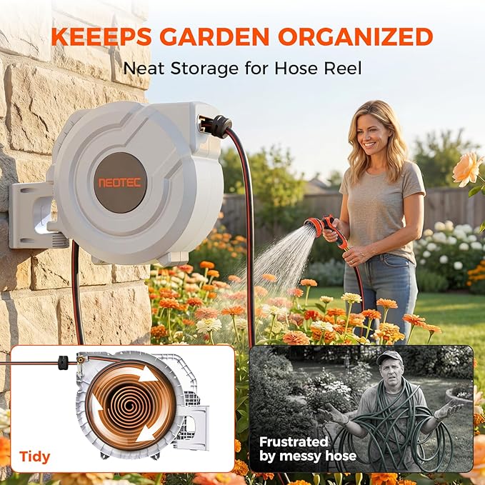 Upgraded Retractable Garden Hose Reel 1/2 inch x 130 ft Any Length Lock 9 Pattern Nozzle Wall-Mounted Automatic Slow Return 180° Swivel UV Resistant Heavy Duty Hose Reels for Outside