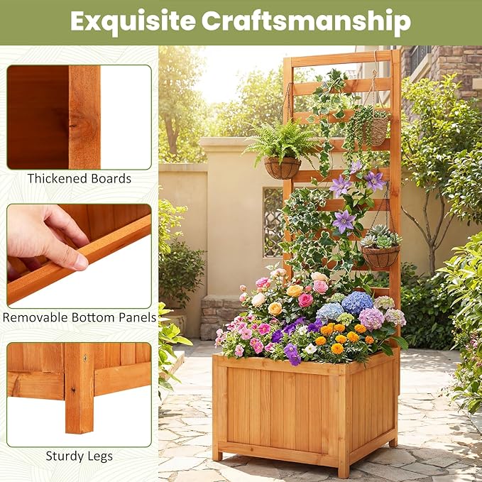Giantex Set of 2 Wood Raised Garden Bed with Trellis, Outdoor Planter Box for Vines Flowers Vegetables, Herbs, Freestanding Plant Container Privacy Planters for Porch, Patio, Backyard