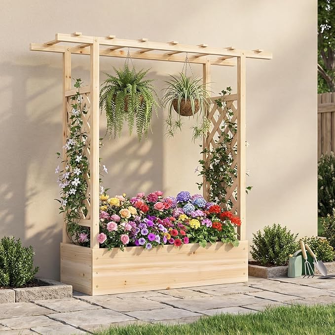 S AFSTAR Raised Garden Bed with Trellis, 2 Pieces Fir Wood Planter Box with Flat Roof & Drainage Holes, Vertical Planter Raised Bed for Climbing Plants, Flowers & Vegetables, 43" x 14" x 45" (Natural)