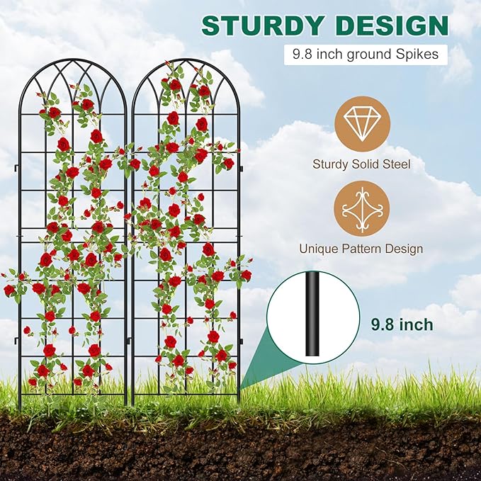 4 Pack Metal Garden Trellis for Climbing Plants, 71 Inch Black Metal Garden Trellis for Vines Plant Rose Vegetable Support,Large Decorative Outdoor Trellis