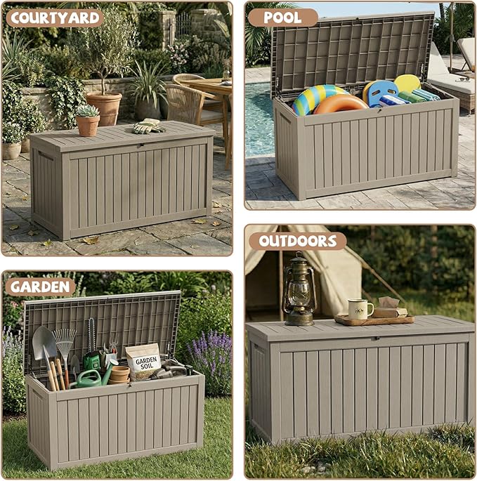 280 Gallon Outdoor Storage Deck Box Waterproof Resin Lockable Outside Bench Porch Patio Furniture Pool Float Garden Tool Cushion UV Resistant Bin Beige