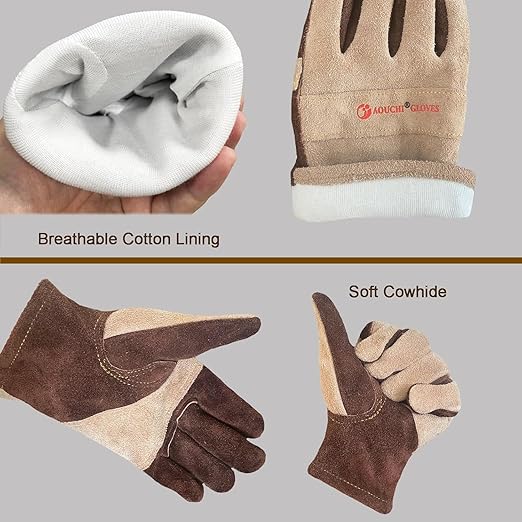 Leather Work Gloves for Women with Cotton Lining, Thorn Proof Gardening Gloves for TIG/MIG Welding, Construction (Brown, XX-Large)