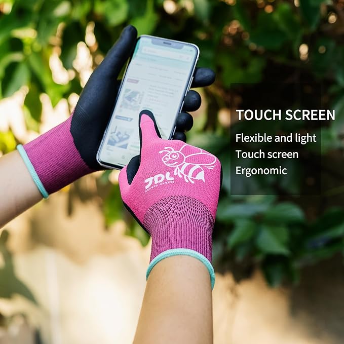 JDL 12 Pairs Nylon Nitrile Coated Gardening Gloves for Women, Touchscreen Yard Garden Gloves, Breathable Safety Work Gloves with Grip, Pink, Medium