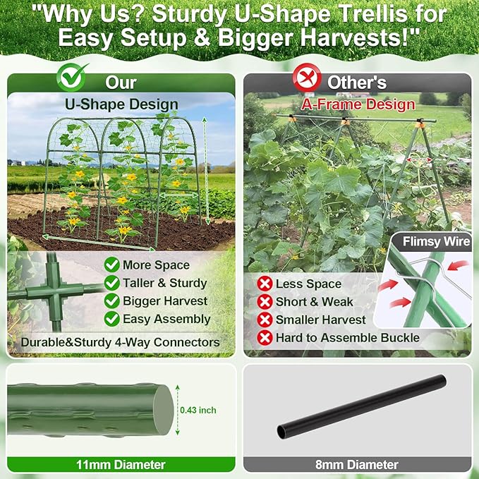Cludoo Cucumber Trellis for Raised Bed Garden, U-Shape Arch Trellis for Climbing Plants Outdoor, Metal Vegetables Trellis with Netting, Garden Trellis for Cucumber Plants Sweet Pea Bean Grape