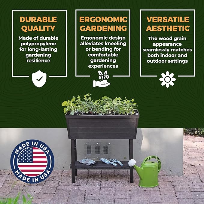 14.5in x 32.25in x 31.12in Raised Planter Box - USA Made - 15.7 Gallon Elevated Patio Garden Bed with Drainage Plug, Brown
