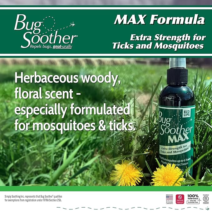 Bug Soother® MAX Natural Tick & Mosquito Repellent Spray – DEET-Free Extra Strength Outdoor Bug Protection, Plant-Based Formula – Made in USA (3ct 4 oz Bottles + 1 oz Bonus)