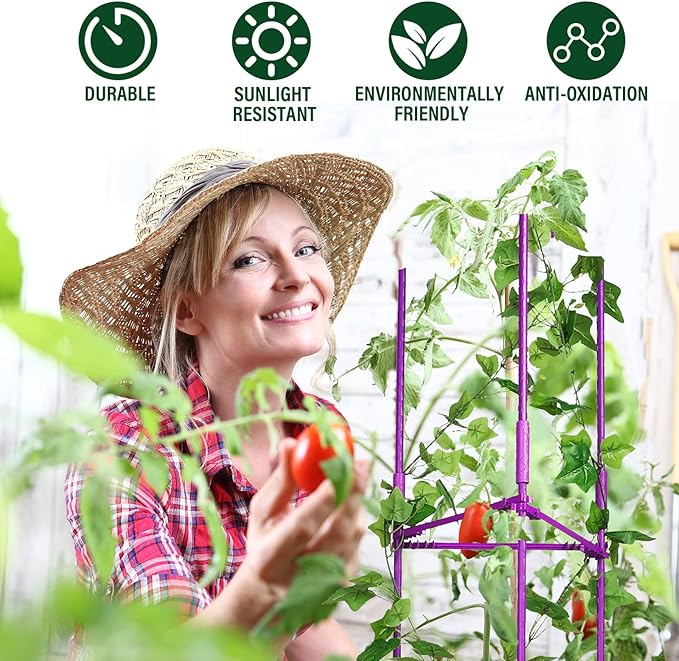 4 Packs Large Tomato Cages for Garden up to 6.5ft Heavy Duty Tomato Plant Trellis with 80 Clips Assembled Plant Support Cages with Adjustable Stake Arms for Vegetables, Climbing Plants (Purple)