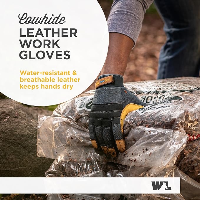 Wells Lamont Men's HydraHyde Work Gloves – Cowhide Leather, Reinforced Fingertips for Durability – Adjustable Velcro Wrist – Ideal for Gardening, Landscaping, Lawn Care – Navy - XL