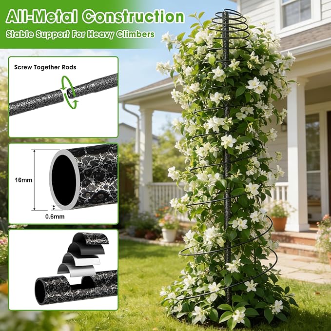 Trellis for Climbing Plants, 45” Metal Spiral Frame Pea Trellis with Center Pole, Adjustable Vine Plant Tower Supports for Outdoor Beans,Cucumbers,Vegetable,Flowers,Pots,Garden Raised Bed,12” Dia