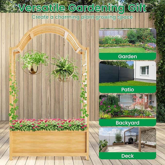 DoCred Raised Garden Bed with Trellis, Freestanding Wood Planter Box with Hanging Roof, Side Trellis Above Ground Elevated Garden Bed Outdoor Planter with Arch Trellis for Climbing Plants Vines Patio