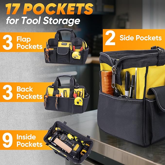 TICONN Tool Bag with Multi-Pockets Wide Mouth Tool Tote with Safety Reflective Straps, Adjustable Shoulder Strap and Ergonomic Handle (Yellow, 16" Standard Base)