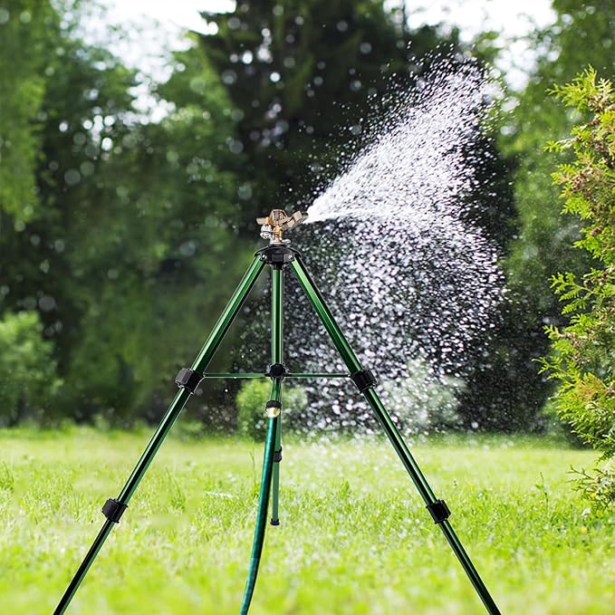 Biswing Impact Sprinkler Head on Tripod Base, Heavy Duty Lawn Sprinklers, 360 Degree Large Area Irrigation, Metal Sprinkler Nozzle & Solid Alloy Metal Extension Legs Flip Locks, 1 Pack