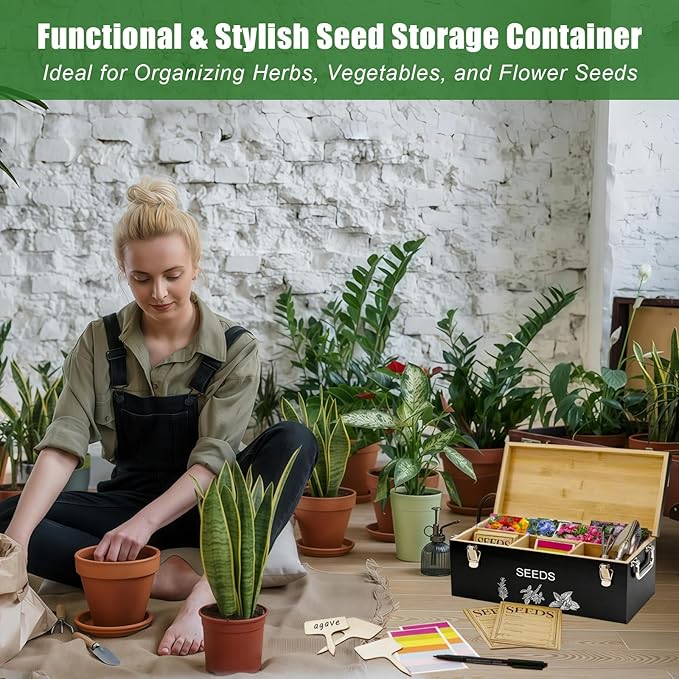 Natural Bamboo Seed Storage Organizer Box – Large Seeds Saver Kit Included Stainless Steel Garden Tools, 20 Seed Envelopes, 10 Wooden Plant Labels, Mark Pen & 3 Color Stickers