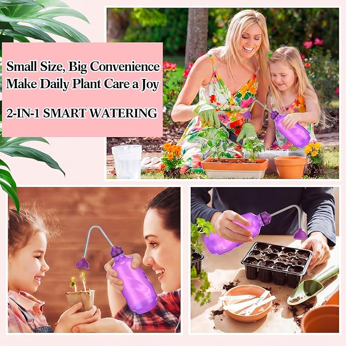 Reallnaive 6 Pcs Indoor Watering Can Set 1/2 Gallon Can 6.8 oz Spray Bottle 17 oz Squeeze Bottle Plant Watering Globes Soil Moisture Meter Small Spraying Sets for Indoor Outdoor (Pink)