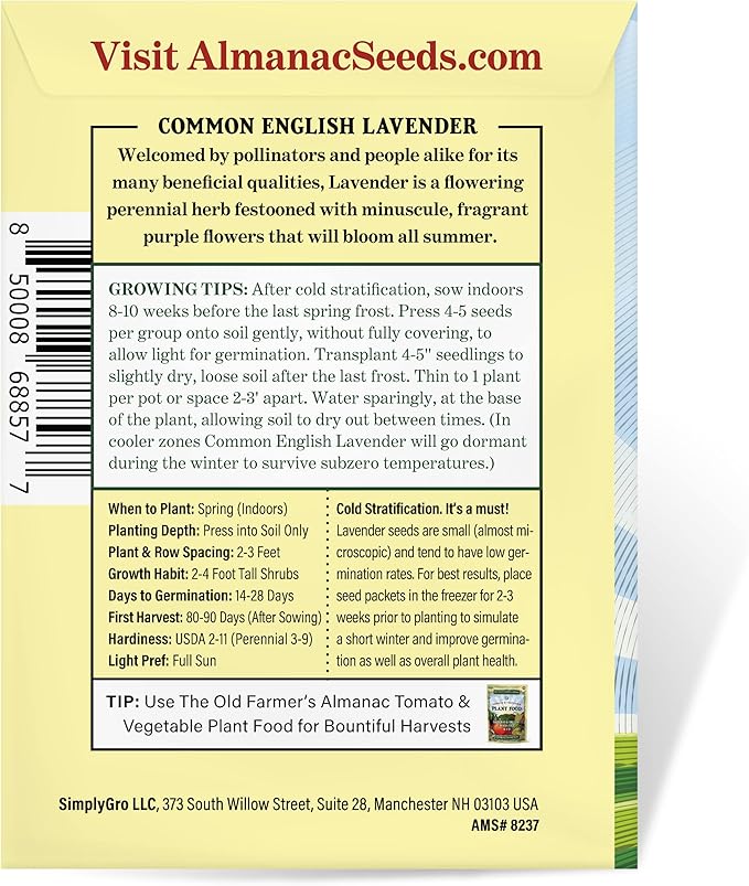 The Old Farmer's Almanac Heirloom Lavender Seeds (Common English) - Approx 360 Seeds - Non-GMO, Open Pollinated