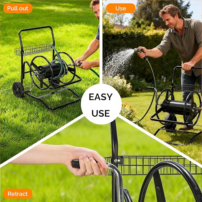 VINGLI 2-Wheel Garden Hose Reel Cart, Freestanding Water Hose Reel for Outside with Heavy Duty Portable Rolling Design Metal, 200FT Capacity for 3/4" Hose for Outdoor Use (Black)