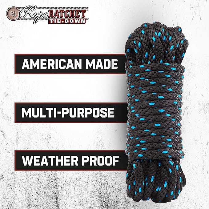 Rope Ratchet 3/8" Heavy Duty Polypropylene Rope – Braided Tie Down, Ratchet Cord for Outdoor, Gardening, DIY, Securing Loads, Tarp Use, Deer Hanging, Moving, Cargo, Knot Tying – 50 ft, Black/Blue