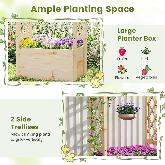 Giantex Set of 2 Raised Garden Bed with Sided Trellis & Hanging Roof, Wood Planter Box, Freestanding Garden Planter Raised Bed for Flowers Herbs Climbing Vines 31”x16”x41” (L x W x H)