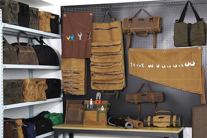 Tool Bag, 13-inch Heavy Duty Wide Mouth Water-Resistant Waxed Canvas Zipper Bag, Tool Tote with Handle for Tools, Wrenches, Screwdrivers (13 X 7.8 X 9 inch) | Khaki