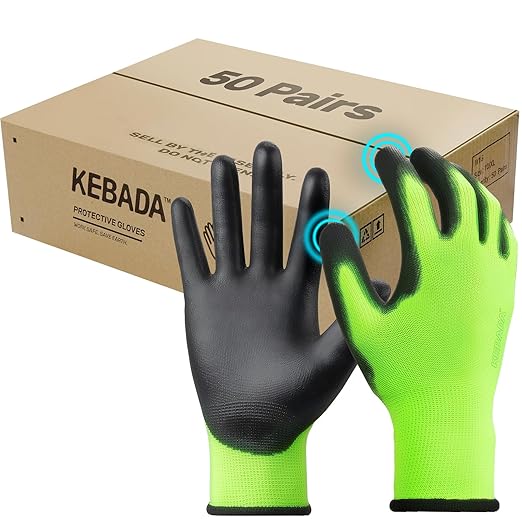 Kebada W1 Work Gloves for Men and Women, Touchscreen PU Coated Gloves with Grip, 50 Pairs Bulk Pack, Ideal for Warehouse Package Handling, Construction, Gardening, Green X-Small