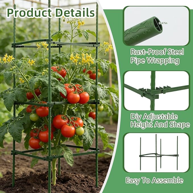 NOVWANG 3 Packs Square Tomato Cages, 10.6 inches x 48 inches Square Plant Support Stakes Tomato Trellis for Tomato Pepper Vegetable Support Plant Support for Garden Patio Farm