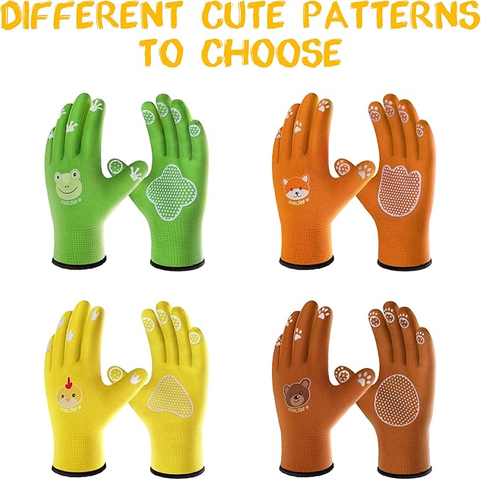 COOLJOB Breathable Toddler Work Gloves for Gardening Boy Girl Ages 4-6 Medium, Nylon Kids Garden Gloves with Grip, Children Yard Gloves for Digging Weeding Landscaping, Green & Orange, 2 Pairs