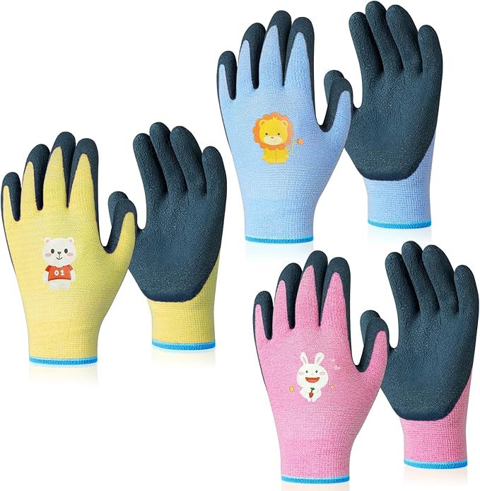 Ainiv 3 Pairs Kids Gardening Gloves Thorn Proof, Soft Rubber Coated Kids Work Gloves with Grippy Gardening Gift