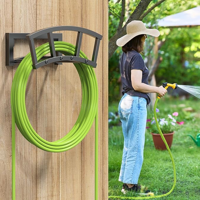 Garden Hose Holder Wall Mounted, Outdoor Heavy Duty Metal Water Hose Holder Hanger Holds 125-ft Water Pipe, Sturdy Detachable Hose Storage Organizer Reel Rack for Outside Garden Lawn Yard Farm
