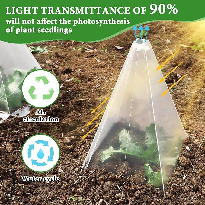 Garden Cloches for Plants, 50 Pack Plastic Small Plant Seedling Protector, Reusable Clear Bell Covers with 100pcs Metal Stakes, Mini Greenhouse Against Sun, Frost, Snails, Birds, 7.8" x 11"