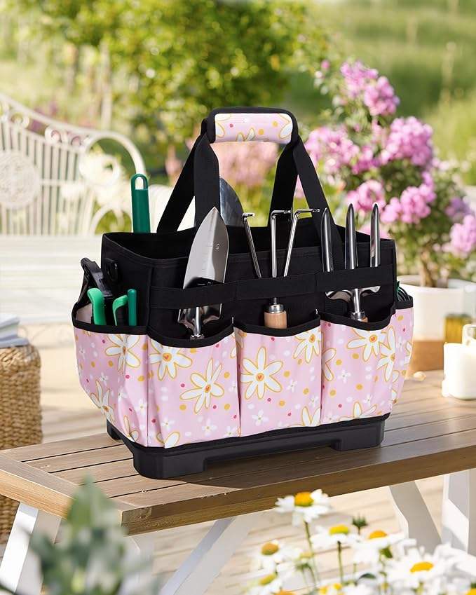 Garden Tool Bag with Hard Bottom, Garden Tote with Shoulder Strap and Multiple Pockets (No Accessories Included), Pink Sunflower
