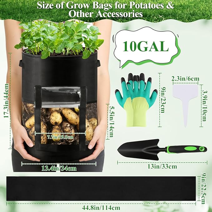 4 Pack 10 Gallon Potato Grow Bags with 360°Visible Window, Heavy Duty Thickened Nonwoven Fabric Plant Grow Bag with Sunshade Cloth, Reusable Garden Grow Bags for Potatoes, Vegetables, Flowers