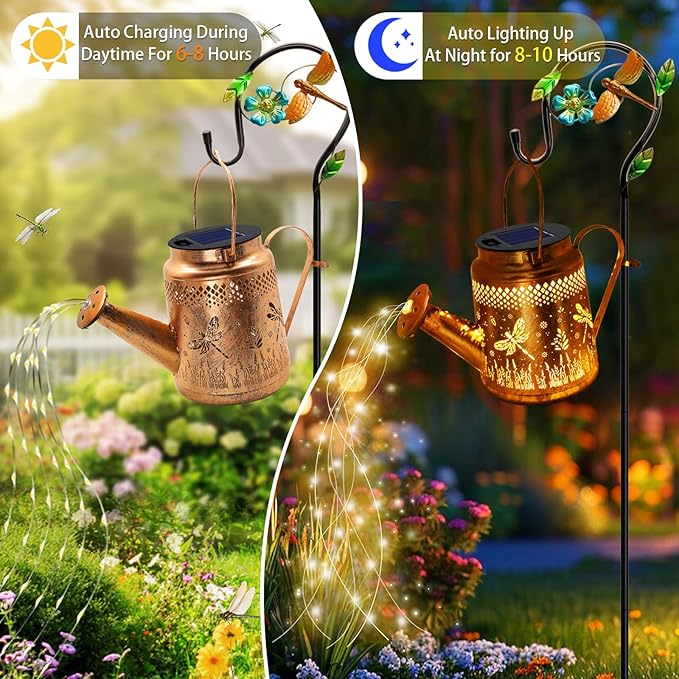 YJFWAL Solar Dragonfly Watering Can Lights for Mom, Grandma, Wife, Daughter & Every Woman, Outdoor Garden Decor with Shepherd Hook, Hanging Lights for Patio, Yard, Porch, Backyard