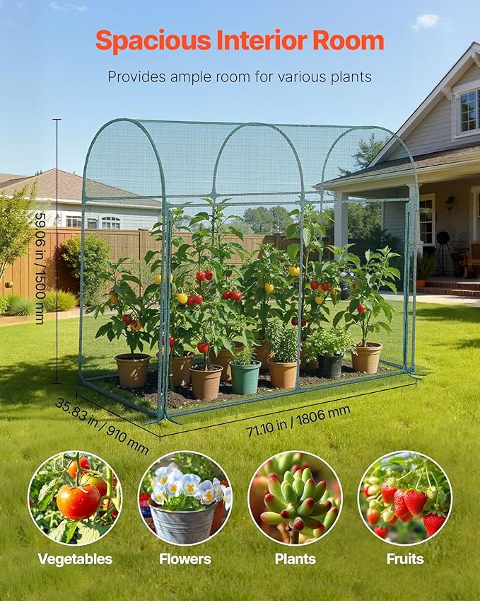 VEVOR Crop Cage, 5.9 x 2.98 x 4.9 ft Plant Protection Tent with Zippered Door, Wind-Resistant Tall Crop Cage, Easy to Install, Outdoor Raised Bed Cover with Frame, Plant Netting for Garden Patio Lawn