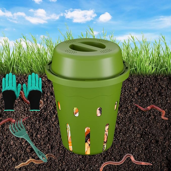 Underground Worm Composting Bin, Outdoor Mini Inground Worm Composter for Beginners, Garden Compost Bin for Garden Beds & Home Use, Worm Farm Kit for Parent, Kids (7x7x7.4Inch), Green, 1-Pack