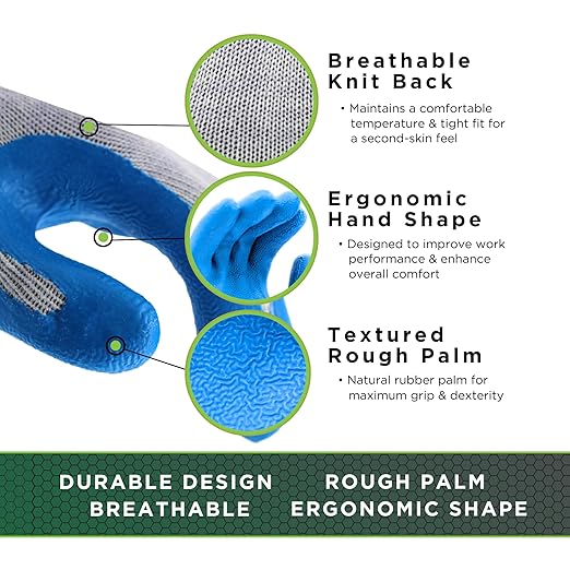 SHOWA Atlas 300 Original 1994 Crinkle Grip Work Gloves, Natural Latex Palm, Heavy Duty 10-Gauge for Construction, Landscaping, Gardening, & Masonry, Blue, Small, 12-Pair
